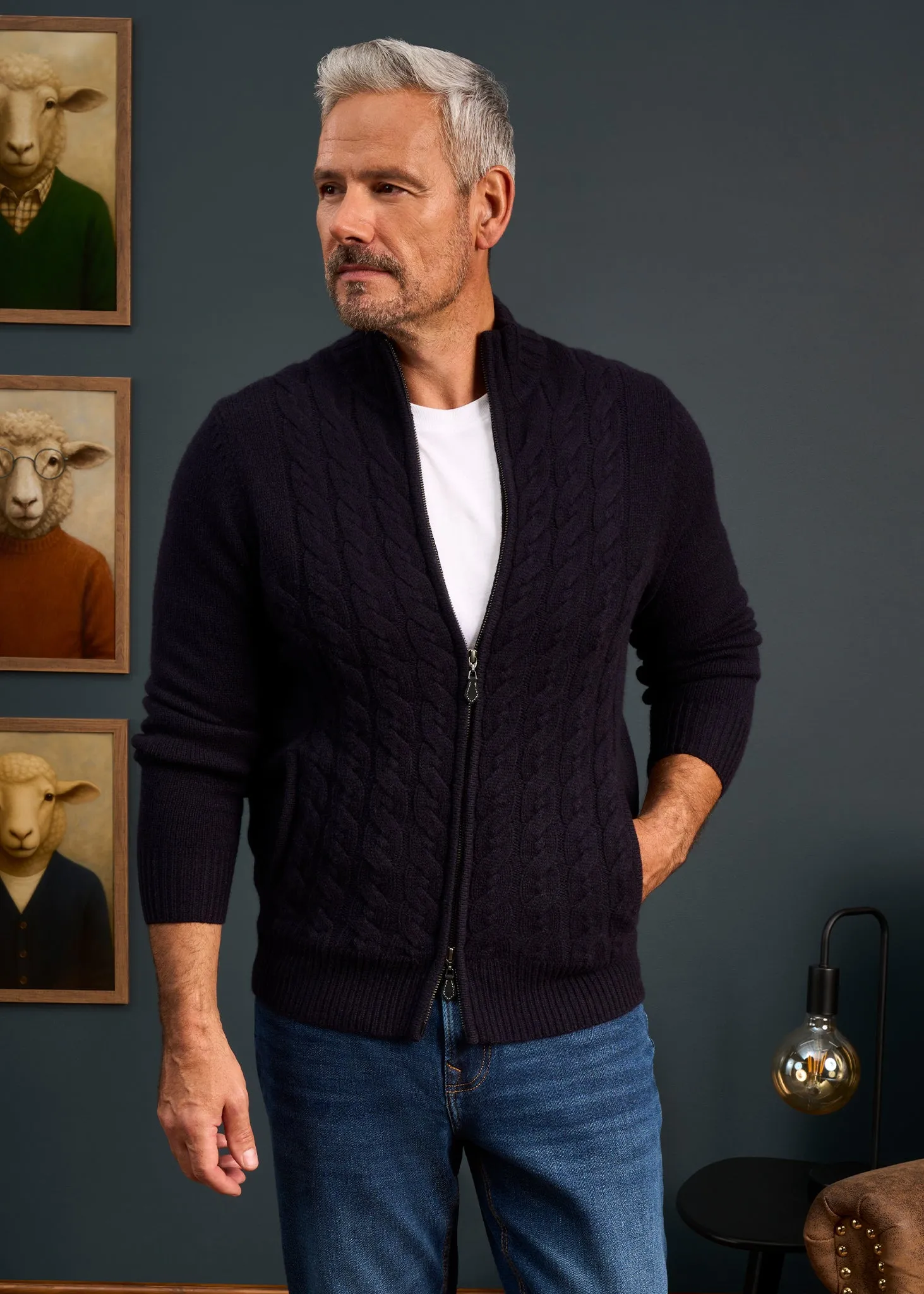 Aberfoyle Men's Lambswool Cable Front Zip Mock Neck In Navy sold by Alan Paine product image thumbnail 2