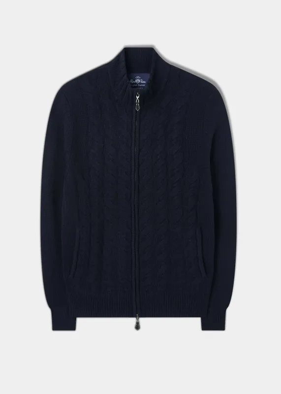 Aberfoyle Men's Lambswool Cable Front Zip Mock Neck In Navy sold by Alan Paine