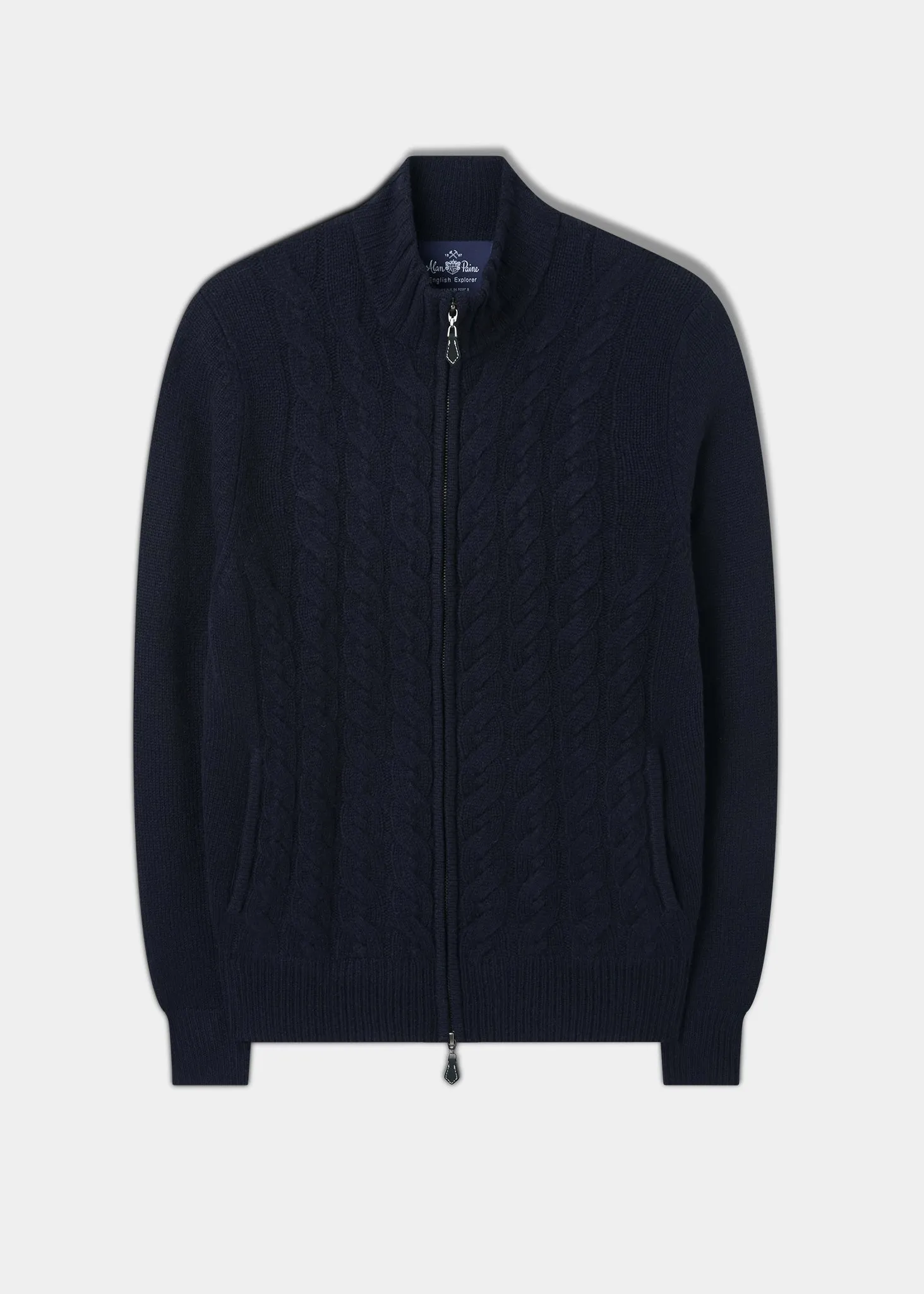 Aberfoyle Men's Lambswool Cable Front Zip Mock Neck In Navy sold by Alan Paine