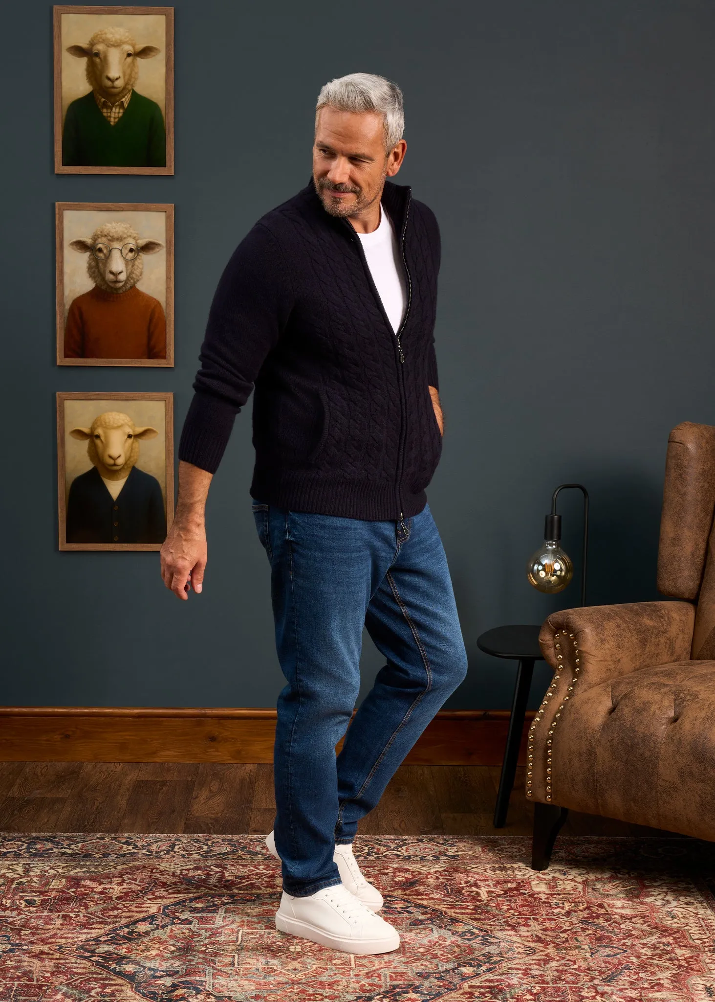 Aberfoyle Men's Lambswool Cable Front Zip Mock Neck In Navy sold by Alan Paine product image thumbnail 3