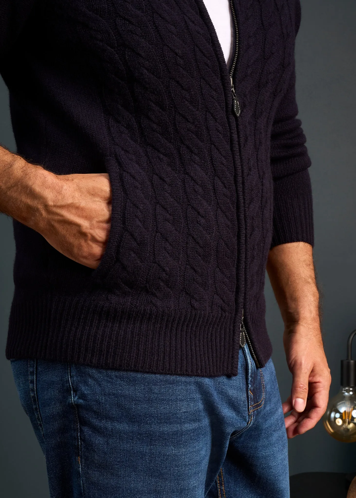 Aberfoyle Men's Lambswool Cable Front Zip Mock Neck In Navy sold by Alan Paine product image thumbnail 4