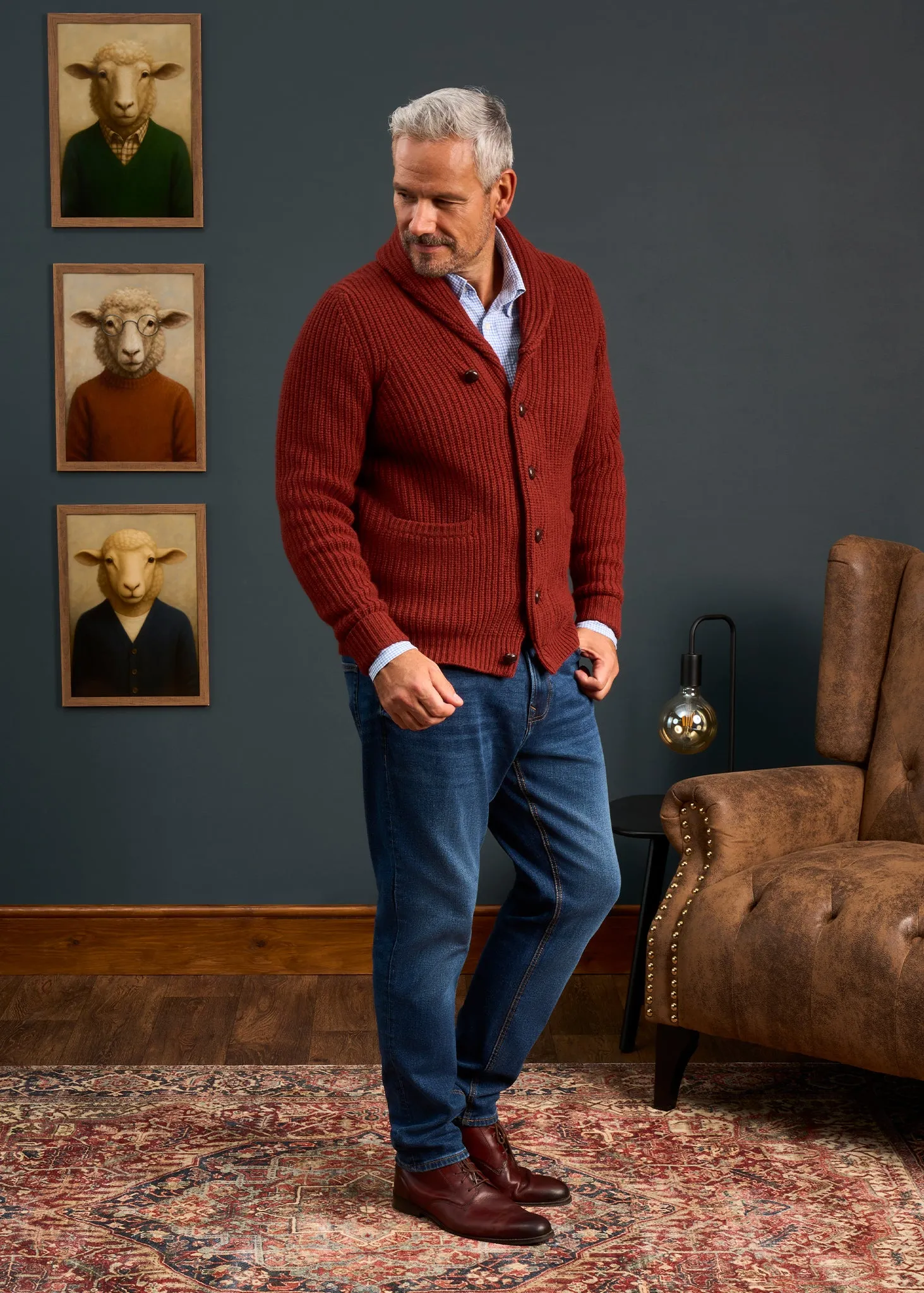 Usworth Men's Shawl Collar Lambswool Jumper In Sienna - Regular Fit sold by Alan Paine product image thumbnail 2