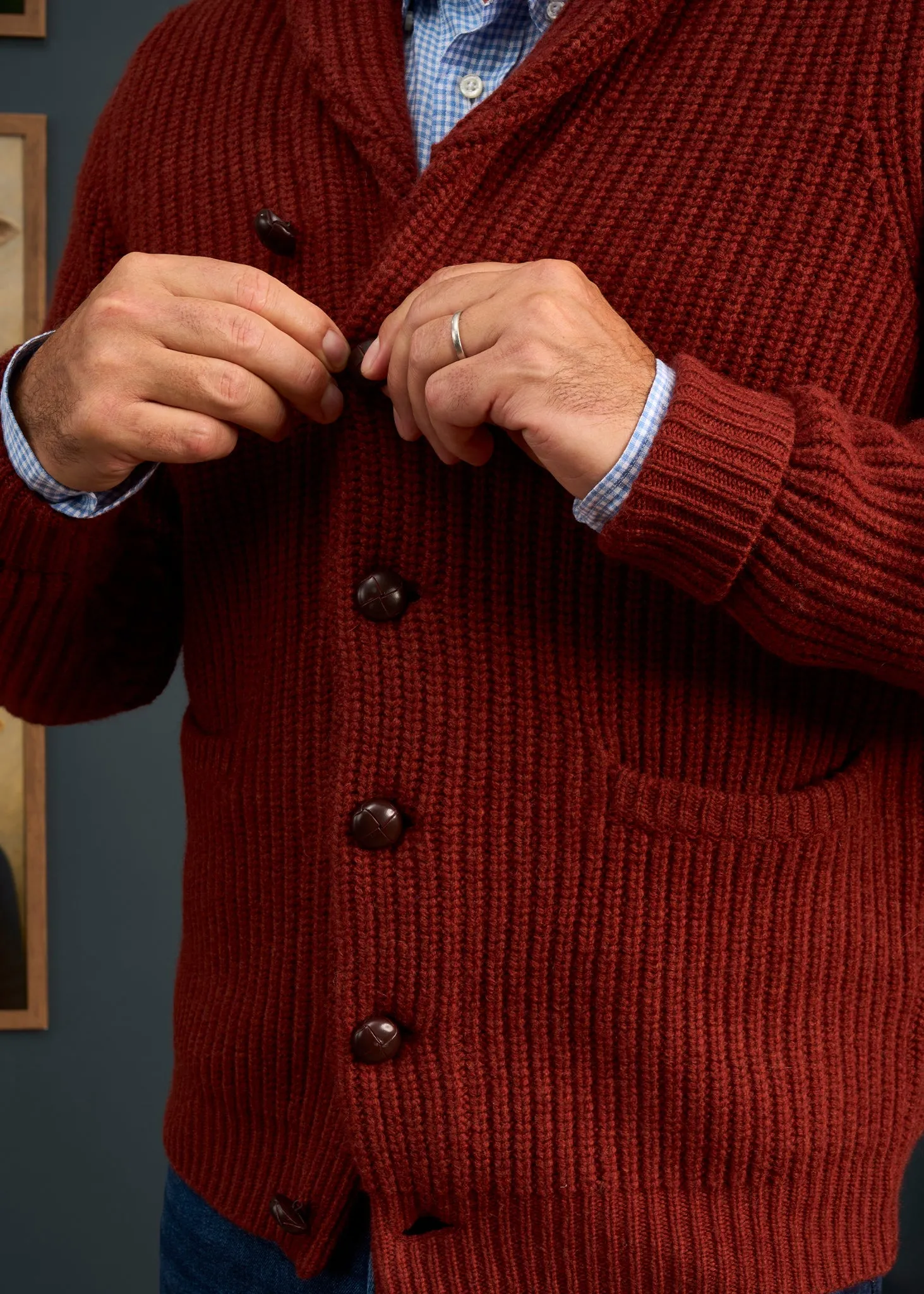 Usworth Men's Shawl Collar Lambswool Jumper In Sienna - Regular Fit sold by Alan Paine product image thumbnail 3