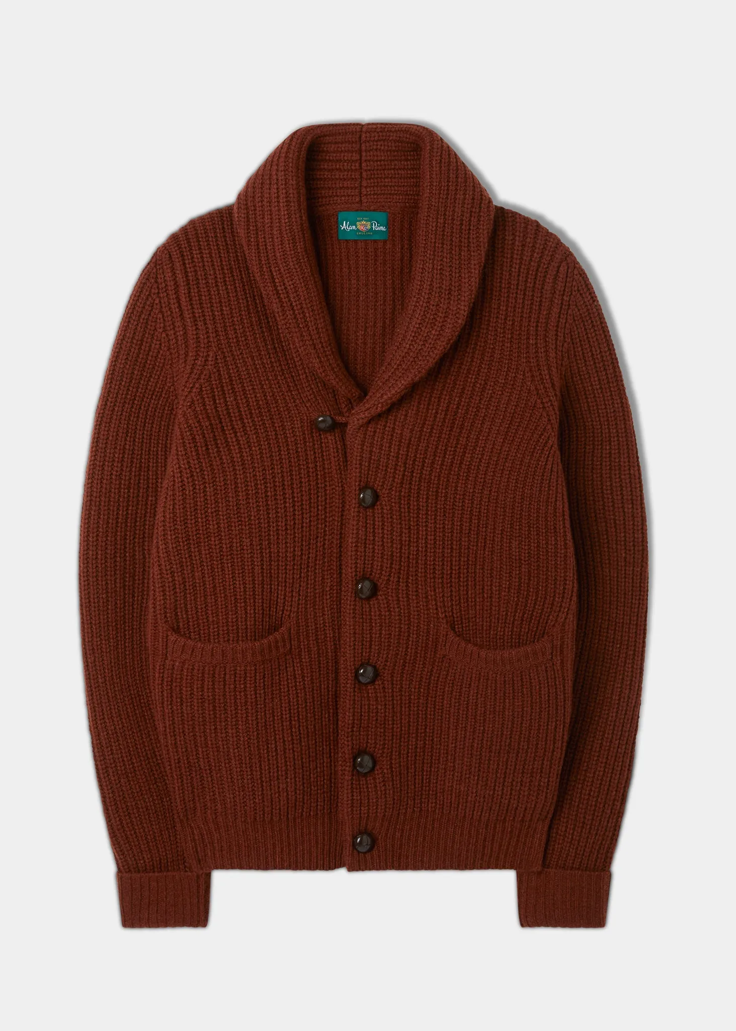 Usworth Men's Shawl Collar Lambswool Jumper In Sienna - Regular Fit sold by Alan Paine