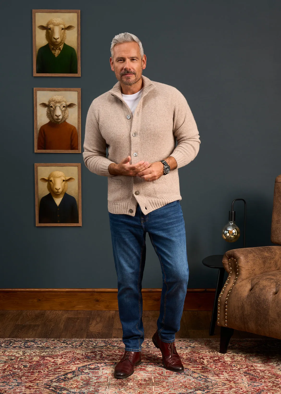 Landford Men's Lambswool Buttoned Jumper In Cobble - Regular Fit sold by Alan Paine product image thumbnail 3