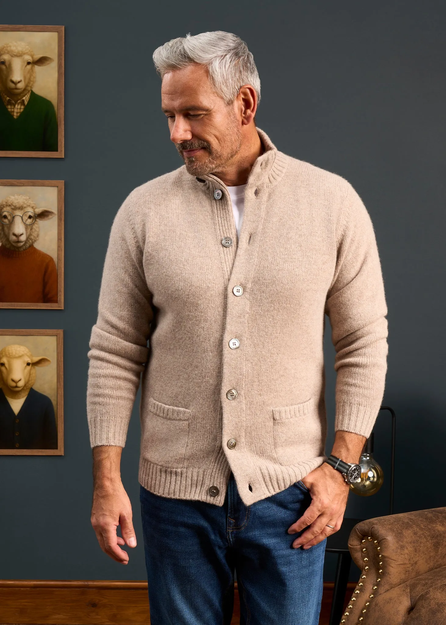 Landford Men's Lambswool Buttoned Jumper In Cobble - Regular Fit sold by Alan Paine product image thumbnail 2