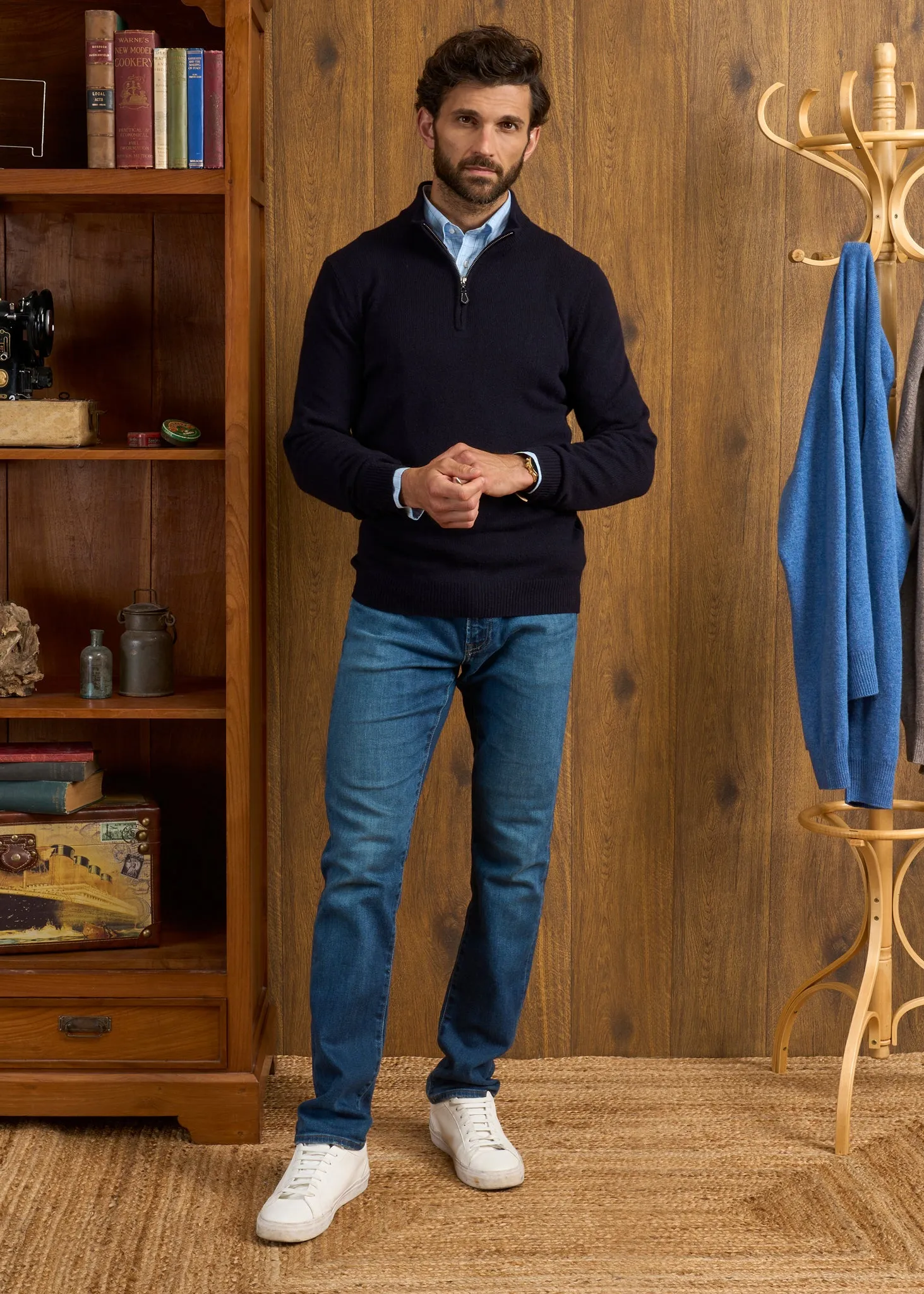 Sutherland Lambswool 1/4 Zip Jumper in Navy - Regular Fit sold by Alan Paine product image thumbnail 2