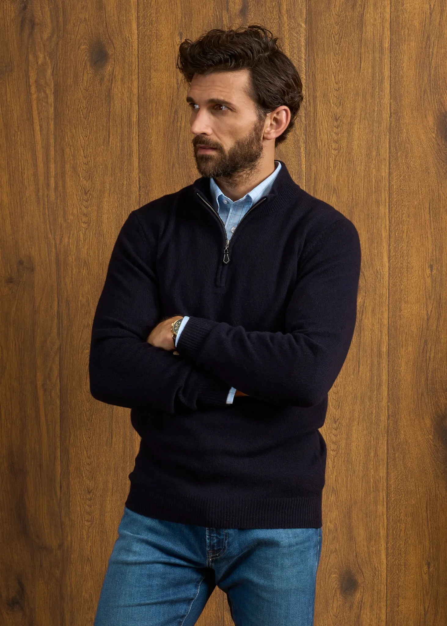 Sutherland Lambswool 1/4 Zip Jumper in Navy - Regular Fit sold by Alan Paine product image thumbnail 3