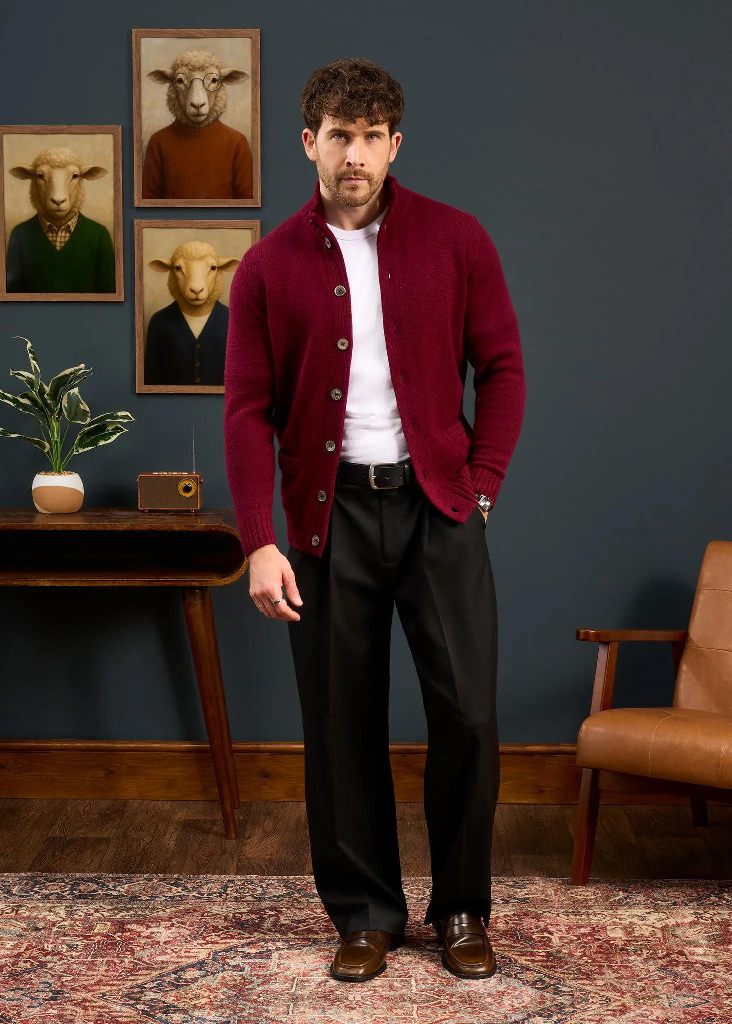 Landford Men's Lambswool Buttoned Jumper In Bordeaux - Regular Fit sold by Alan Paine product image thumbnail 4