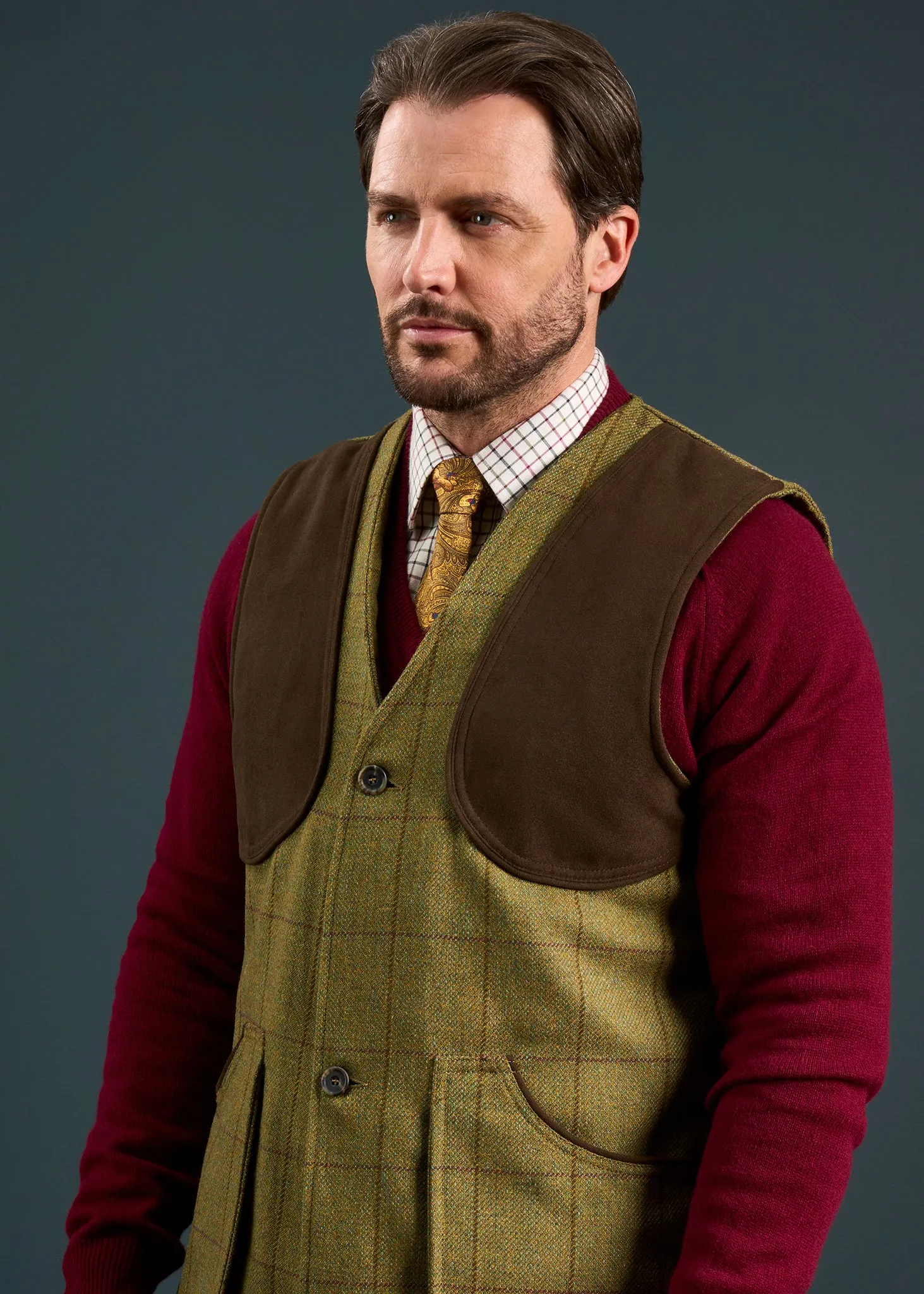 Rutland Men's Tweed Water Repellent Shooting Waistcoat in Lichen - Shooting Fit sold by Alan Paine product image thumbnail 4