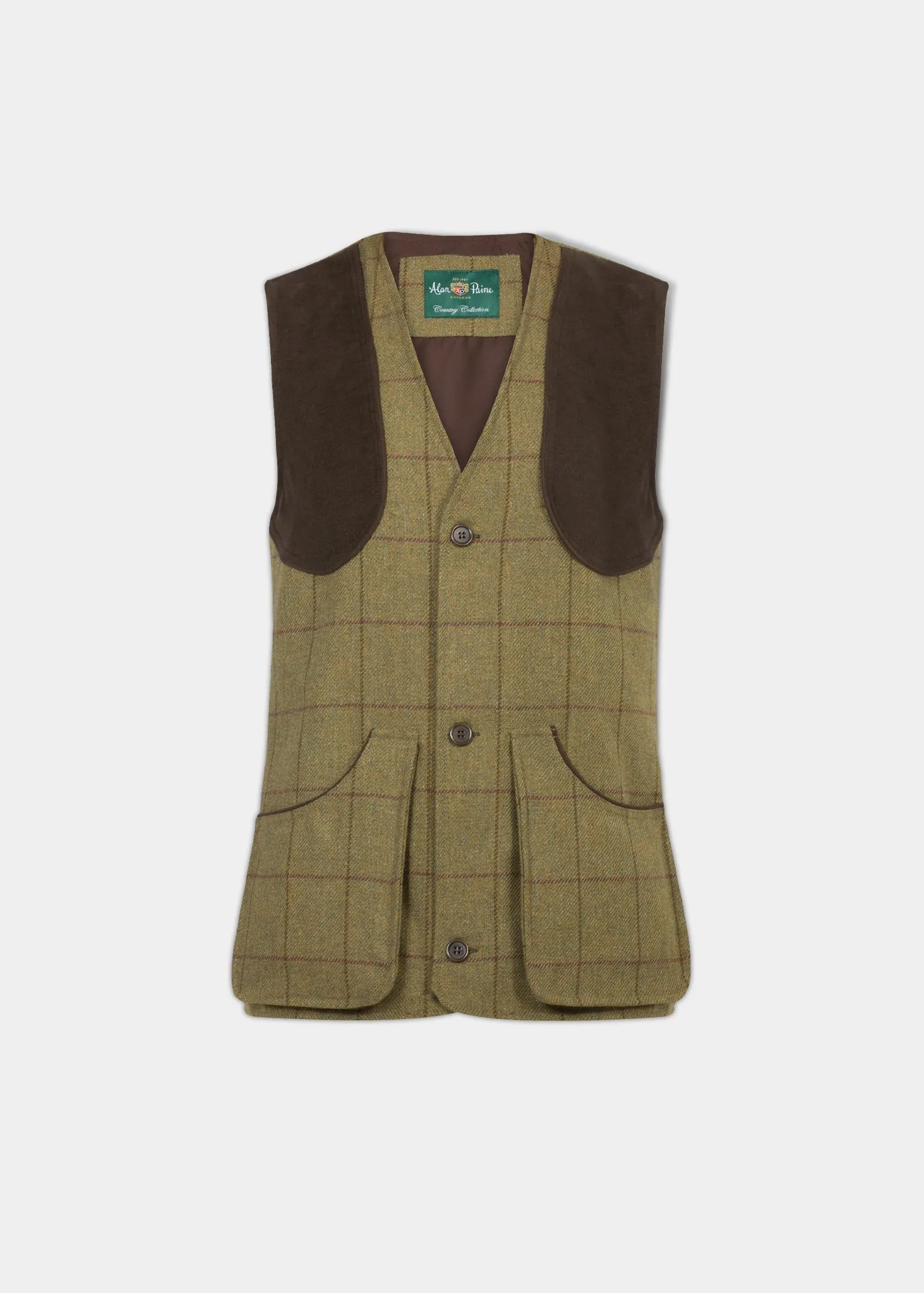 Rutland Men's Tweed Water Repellent Shooting Waistcoat in Lichen - Shooting Fit sold by Alan Paine