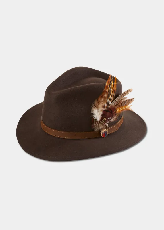 Richmond Ladies Felt Hat With Feather In Brown sold by Alan Paine