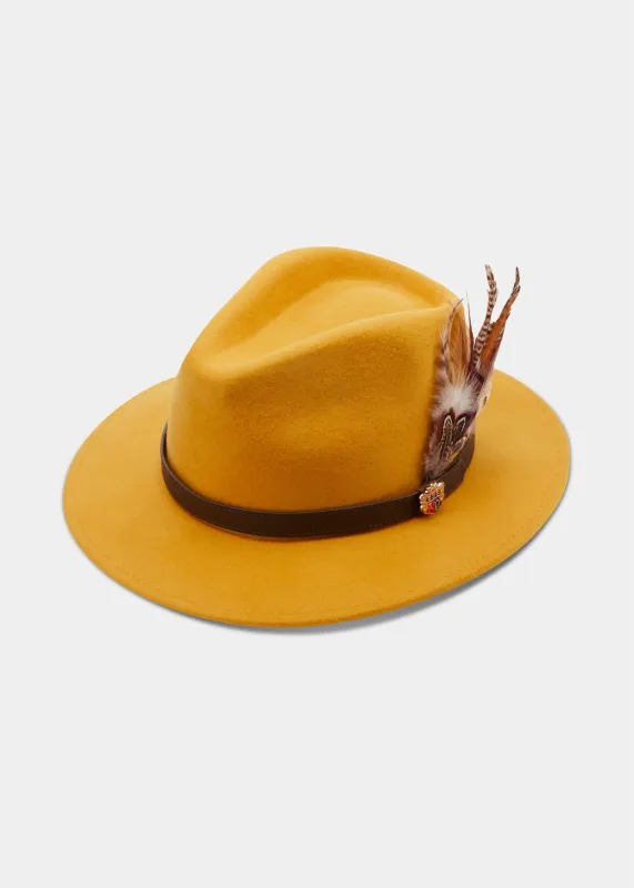 Richmond Ladies Felt Hat With Feather In Mustard sold by Alan Paine