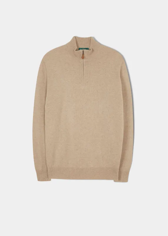 Hanbury Cashmere Zipped Mock Neck Jumper in Linen - Regular Fit sold by Alan Paine