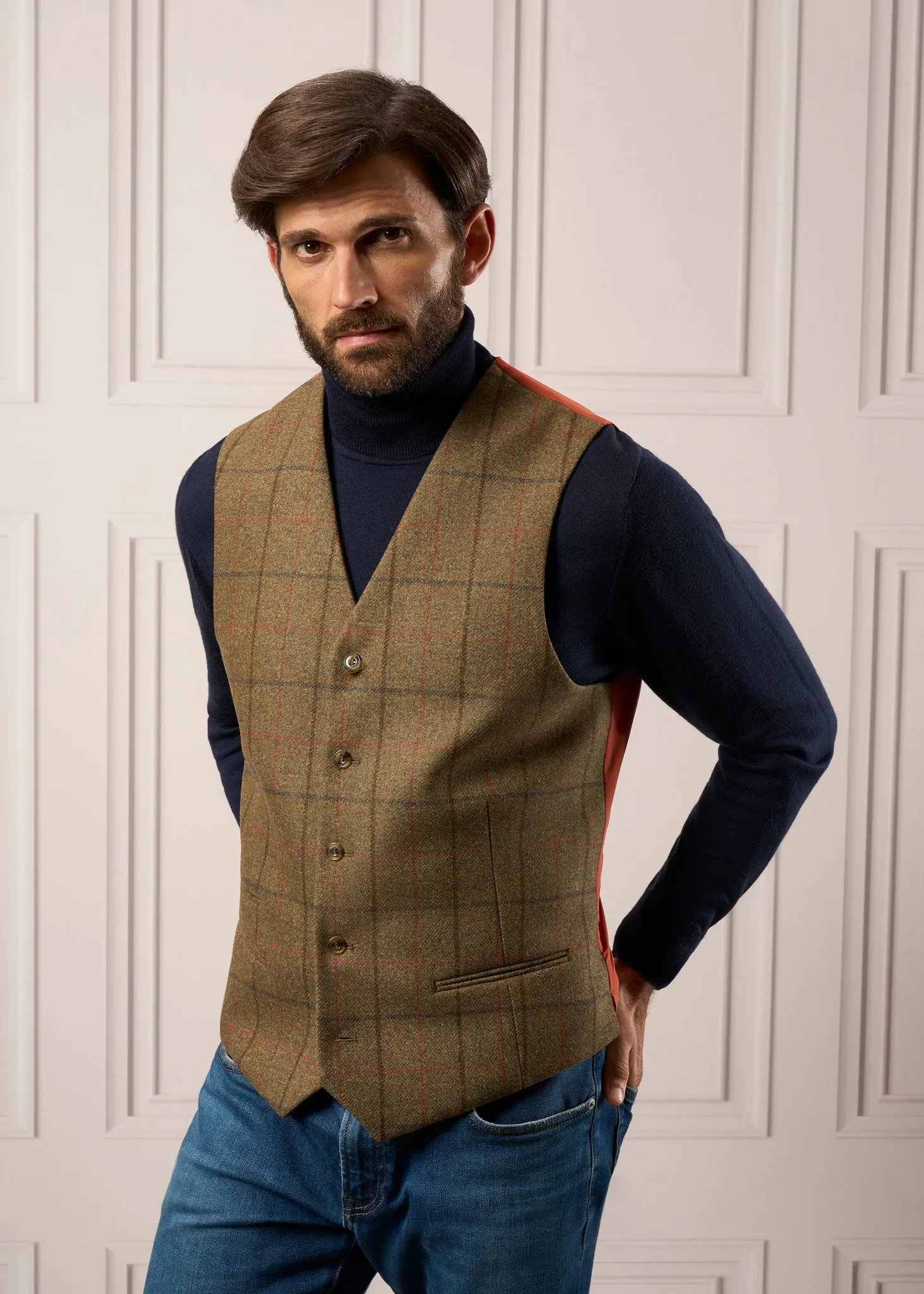 Combrook Men's Tweed Lined-Back Waistcoat In Thyme - Regular Fit sold by Alan Paine product image thumbnail 4
