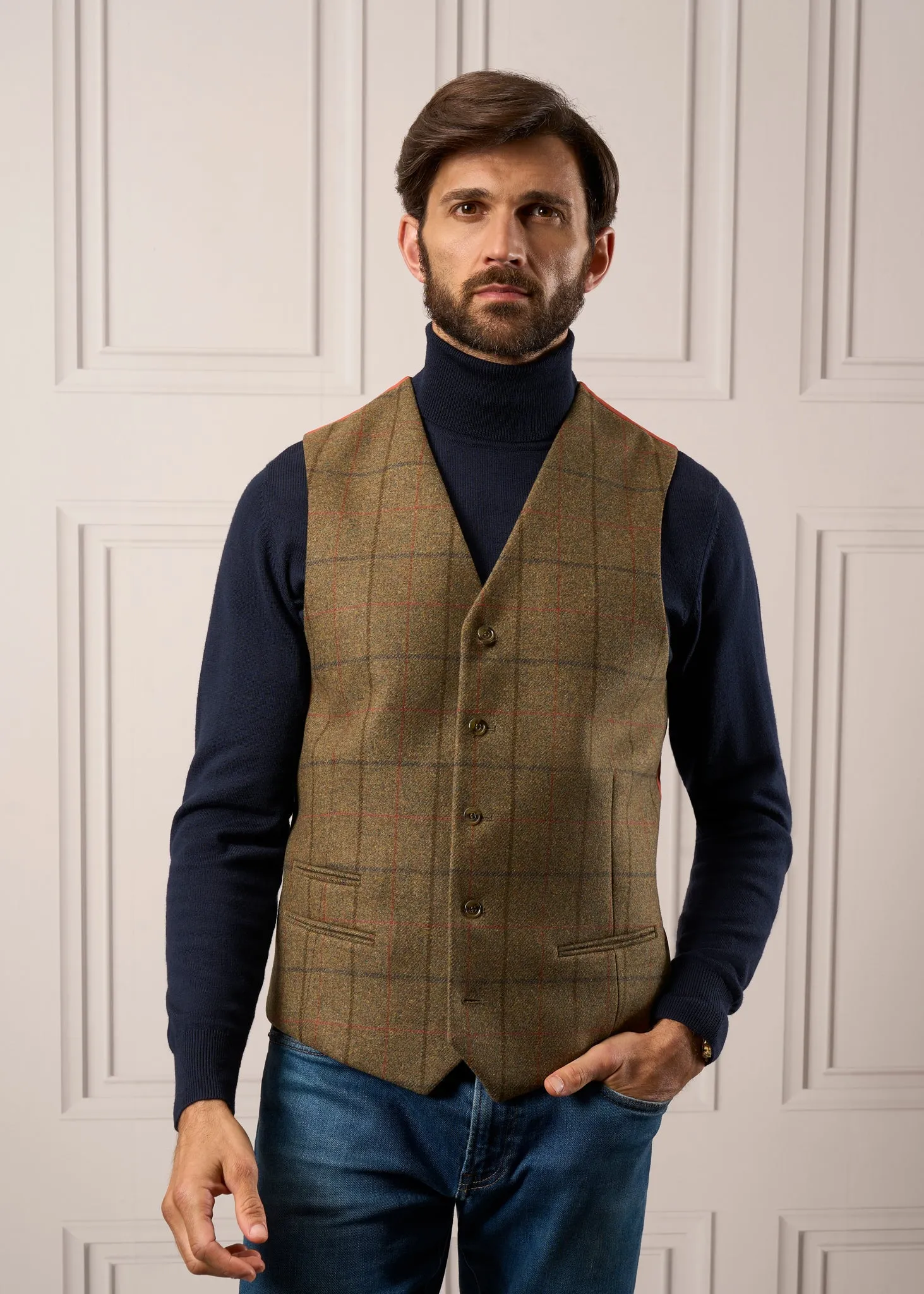 Combrook Men's Tweed Lined-Back Waistcoat In Thyme - Regular Fit sold by Alan Paine product image thumbnail 3
