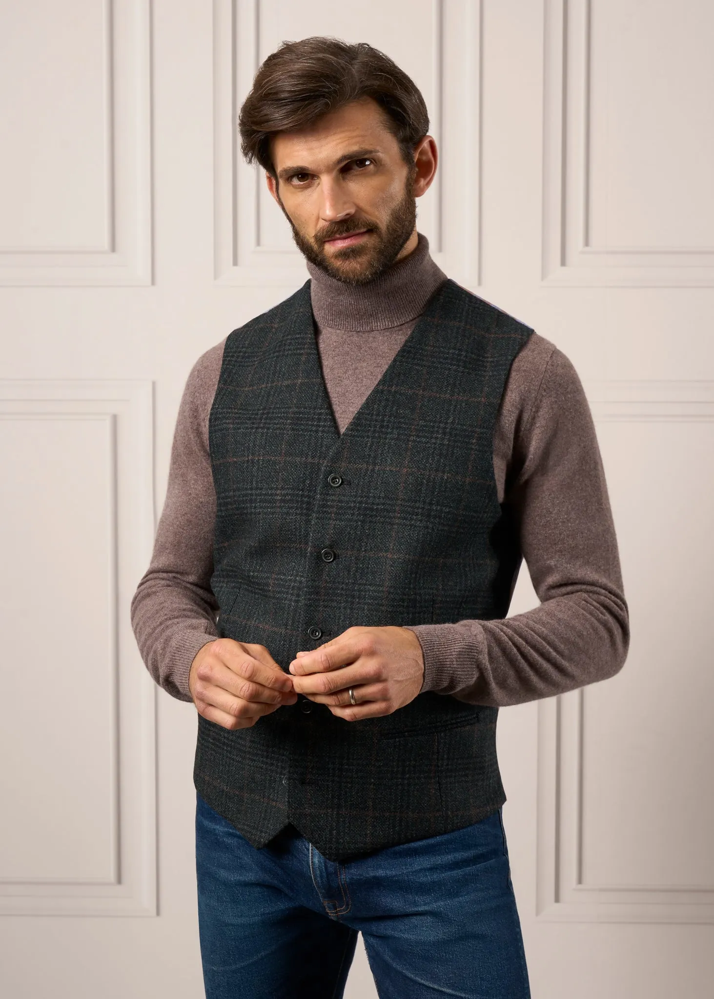 Surrey Men's Tweed Water Repellent Lined Waistcoat in Green Check - Regular Fit sold by Alan Paine product image thumbnail 2