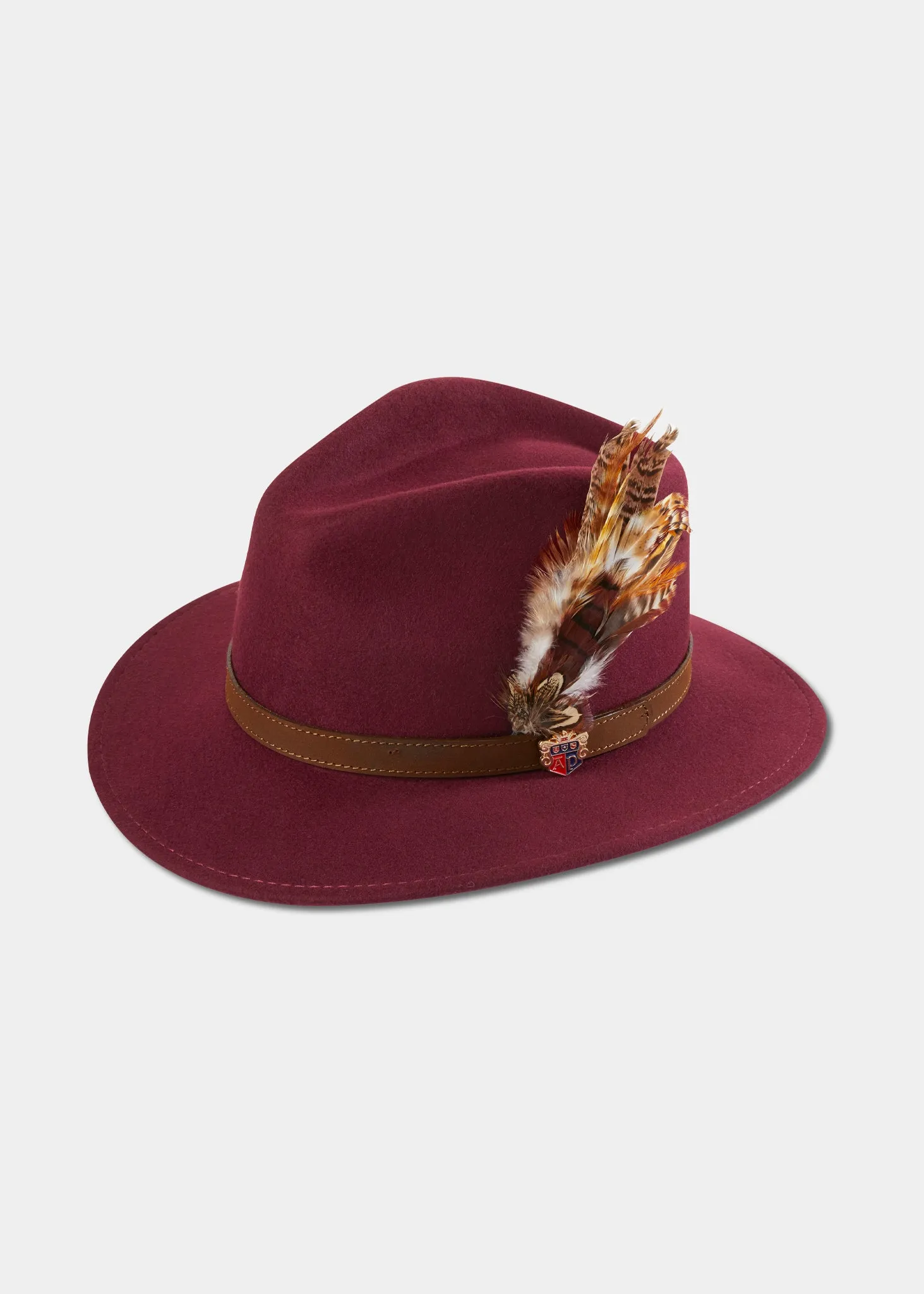 Richmond Ladies Felt Hat With Feather In Wine sold by Alan Paine