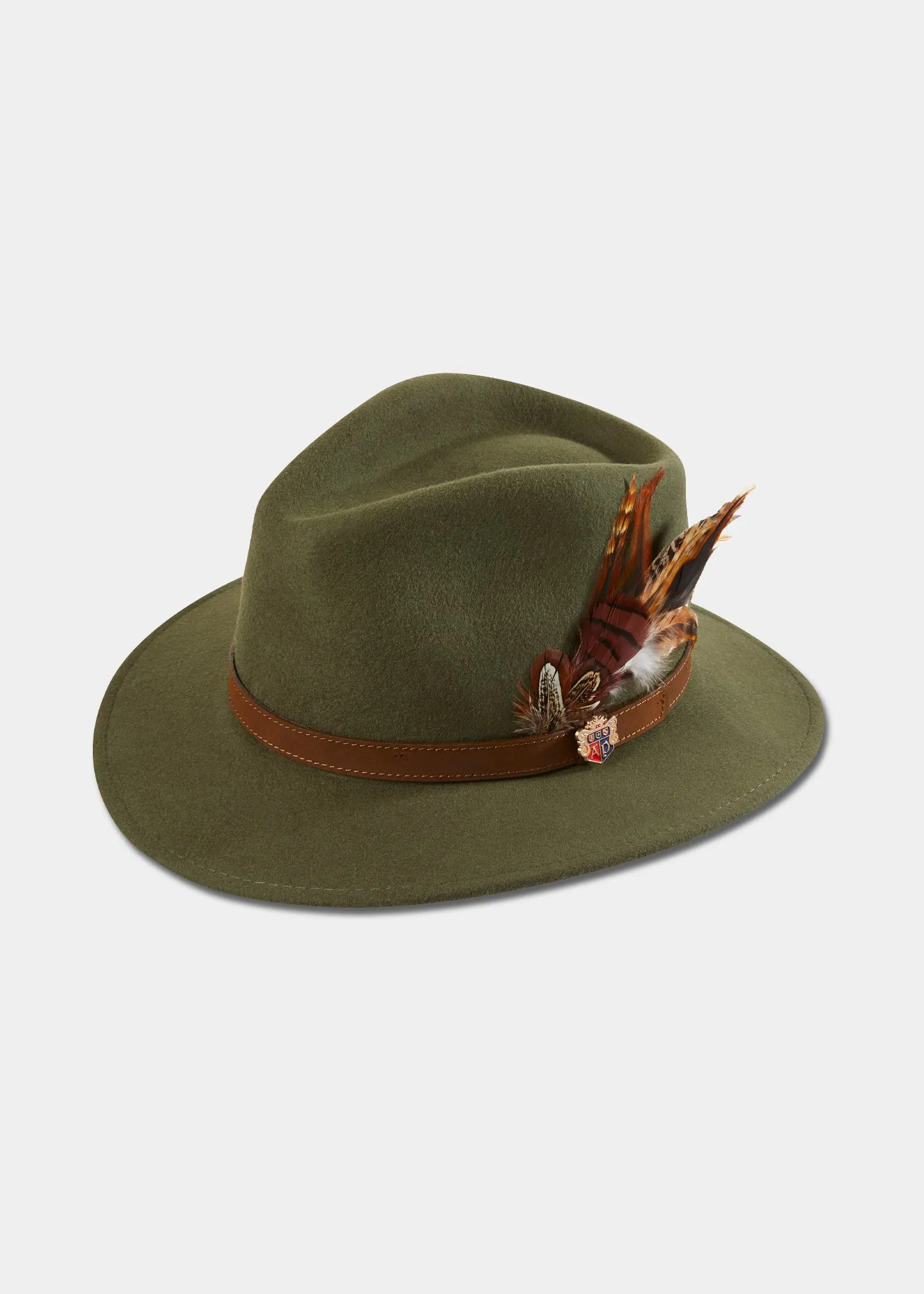 Richmond Ladies Felt Hat With Feather In Olive sold by Alan Paine