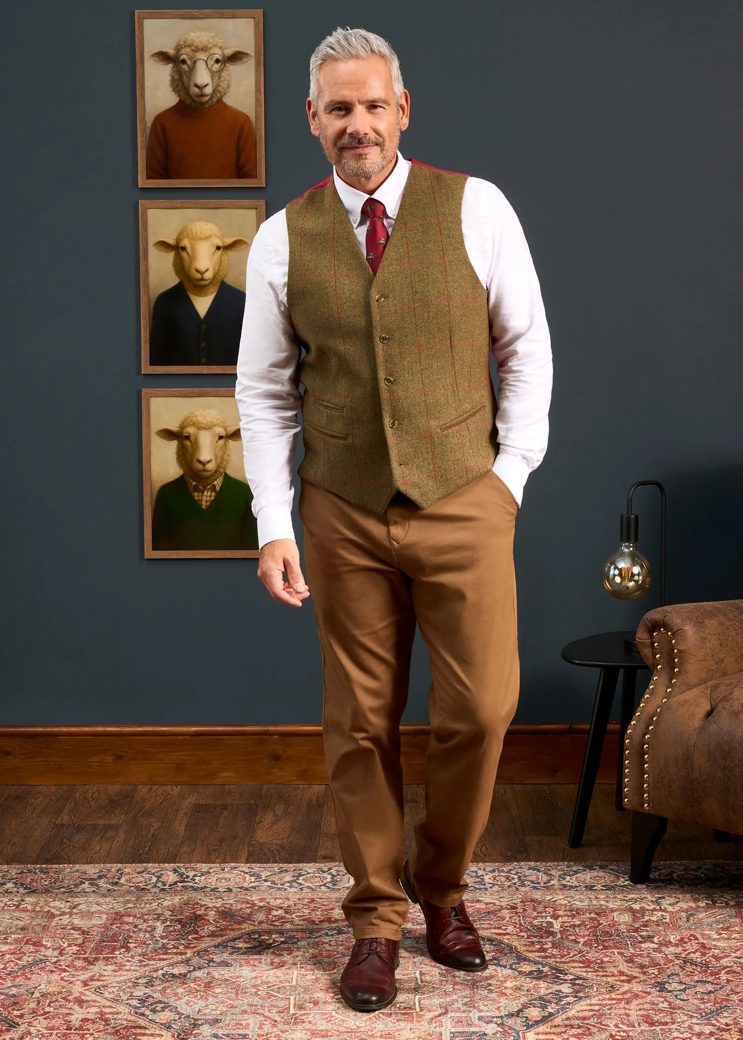 Combrook Men's Tweed Water Repellent Lined-Back Waistcoat in Sage - Regular Fit sold by Alan Paine product image thumbnail 4