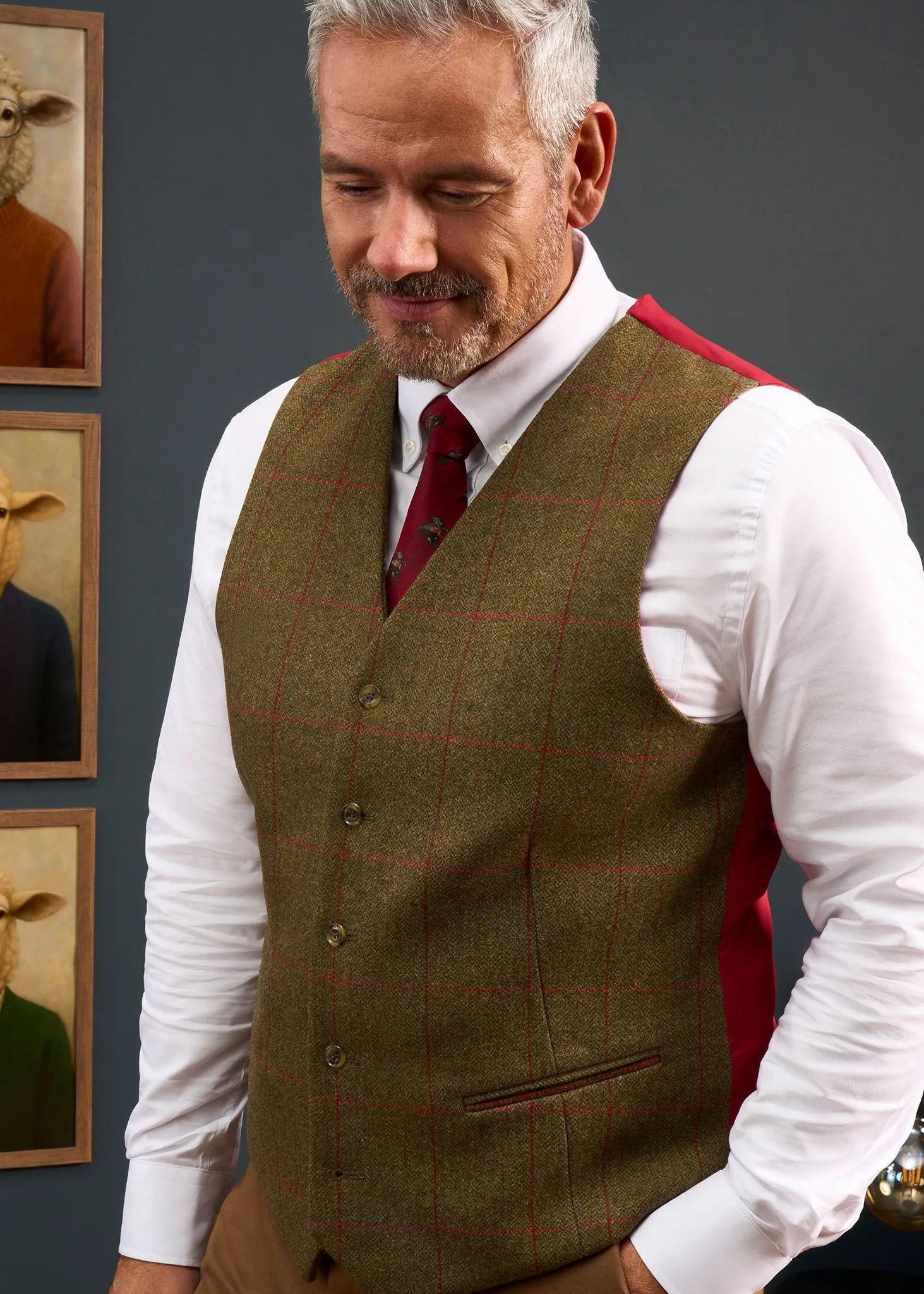 Combrook Men's Tweed Water Repellent Lined-Back Waistcoat in Sage - Regular Fit sold by Alan Paine product image thumbnail 2