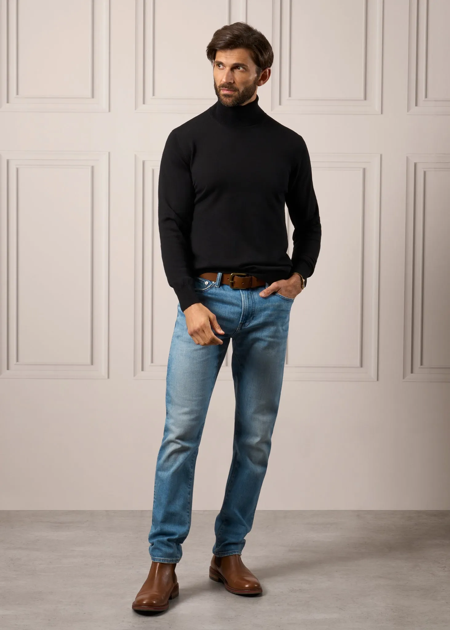 Linton Merino Wool Roll Neck Jumper in Black - Regular Fit sold by Alan Paine product image thumbnail 4