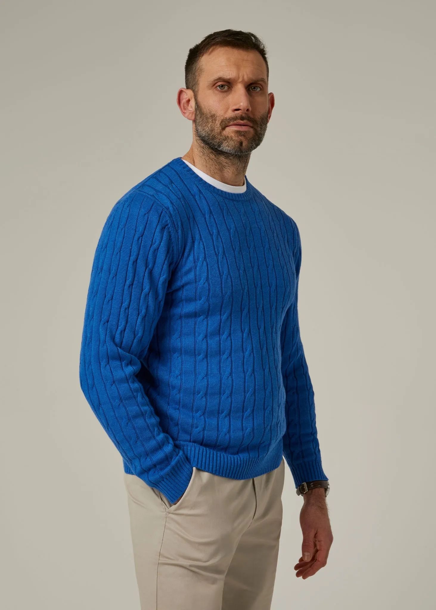 Honley Cotton Cashmere Cable Knit Jumper In Regatta sold by Alan Paine product image thumbnail 3