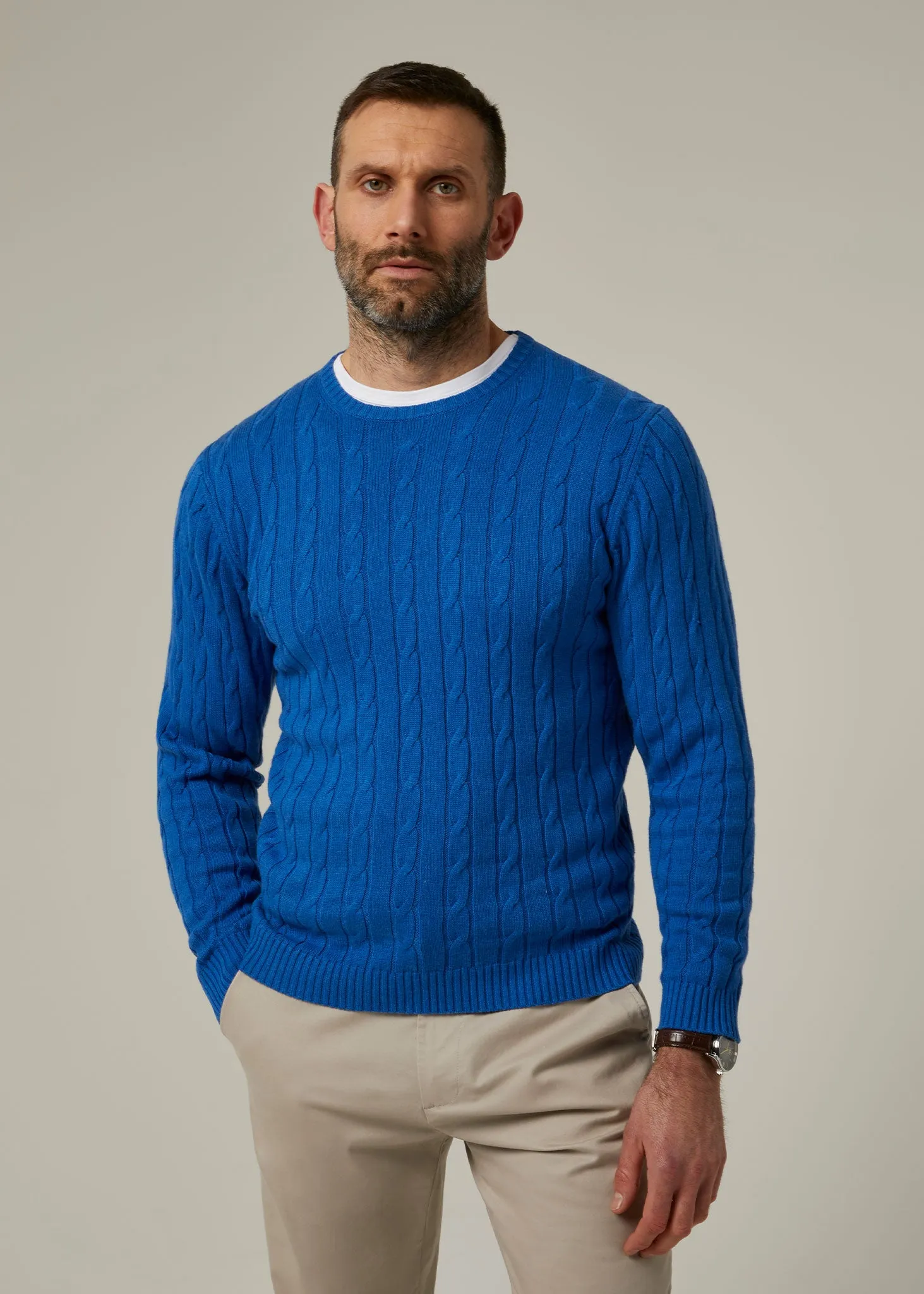 Honley Cotton Cashmere Cable Knit Jumper In Regatta sold by Alan Paine product image thumbnail 2