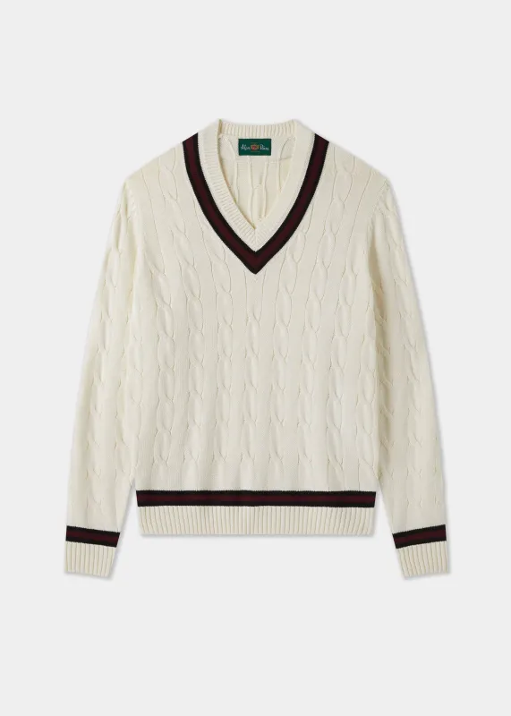 Sandridge Cable Knit Cricket Jumper In Ecru and Dark Navy sold by Alan Paine