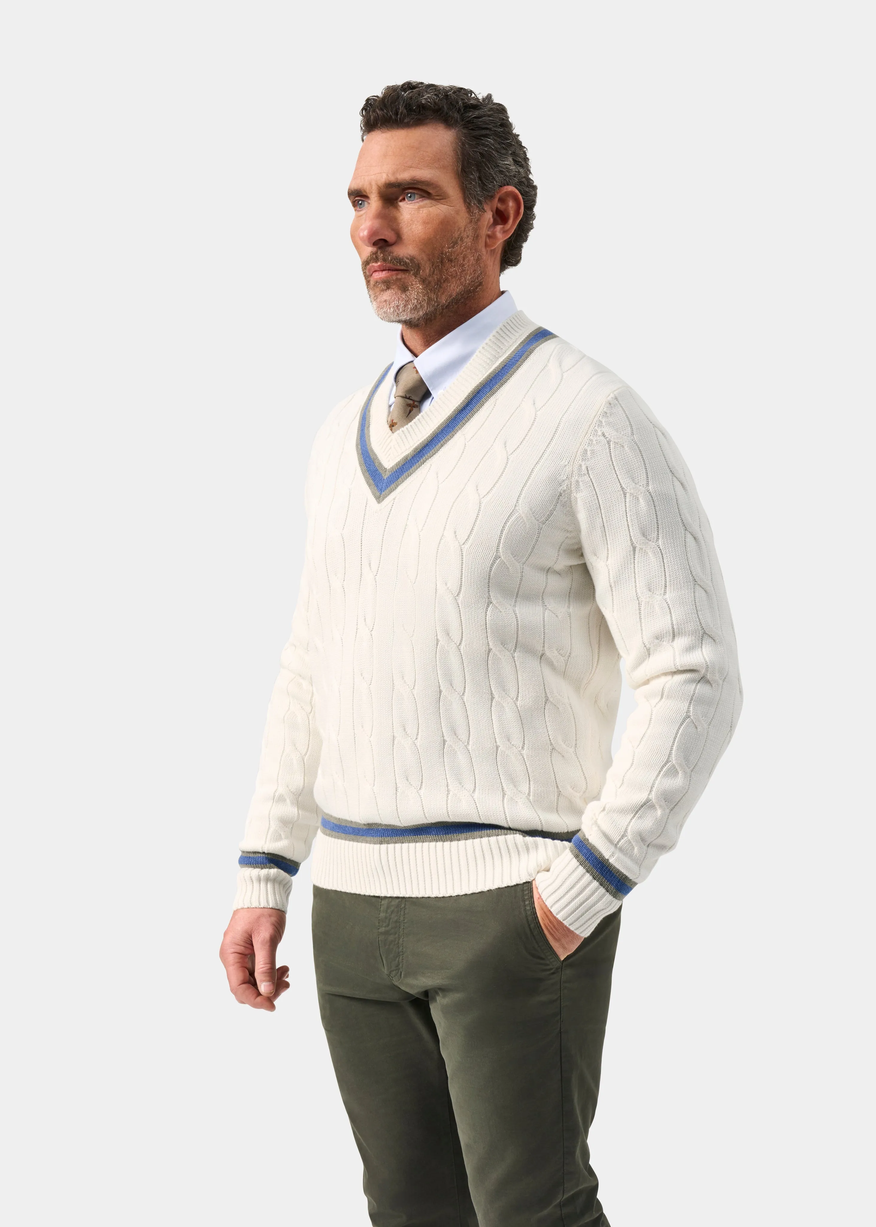 Sandridge Cable Knit Cricket Jumper In Ecru and Landscape sold by Alan Paine product image thumbnail 5