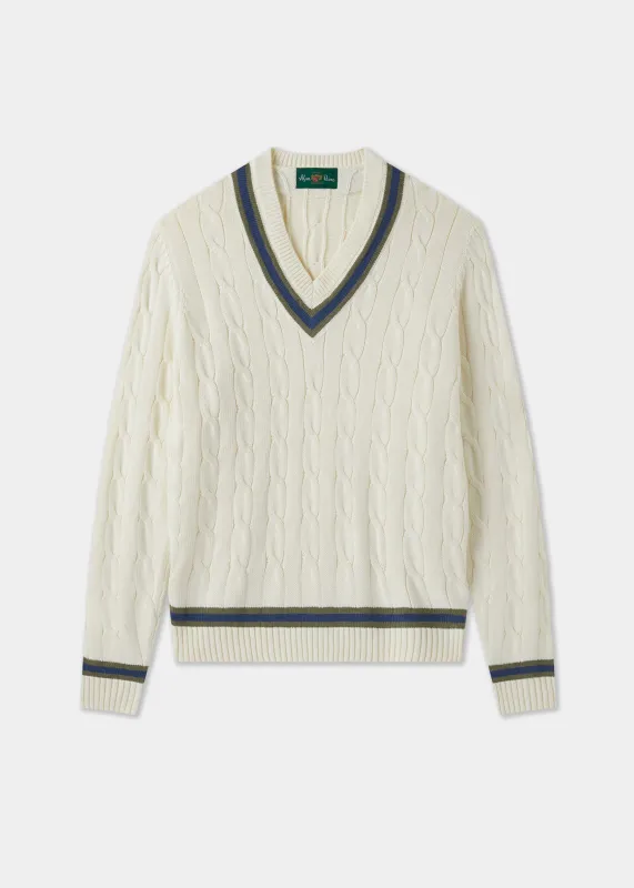 Sandridge Cable Knit Cricket Jumper In Ecru and Landscape sold by Alan Paine