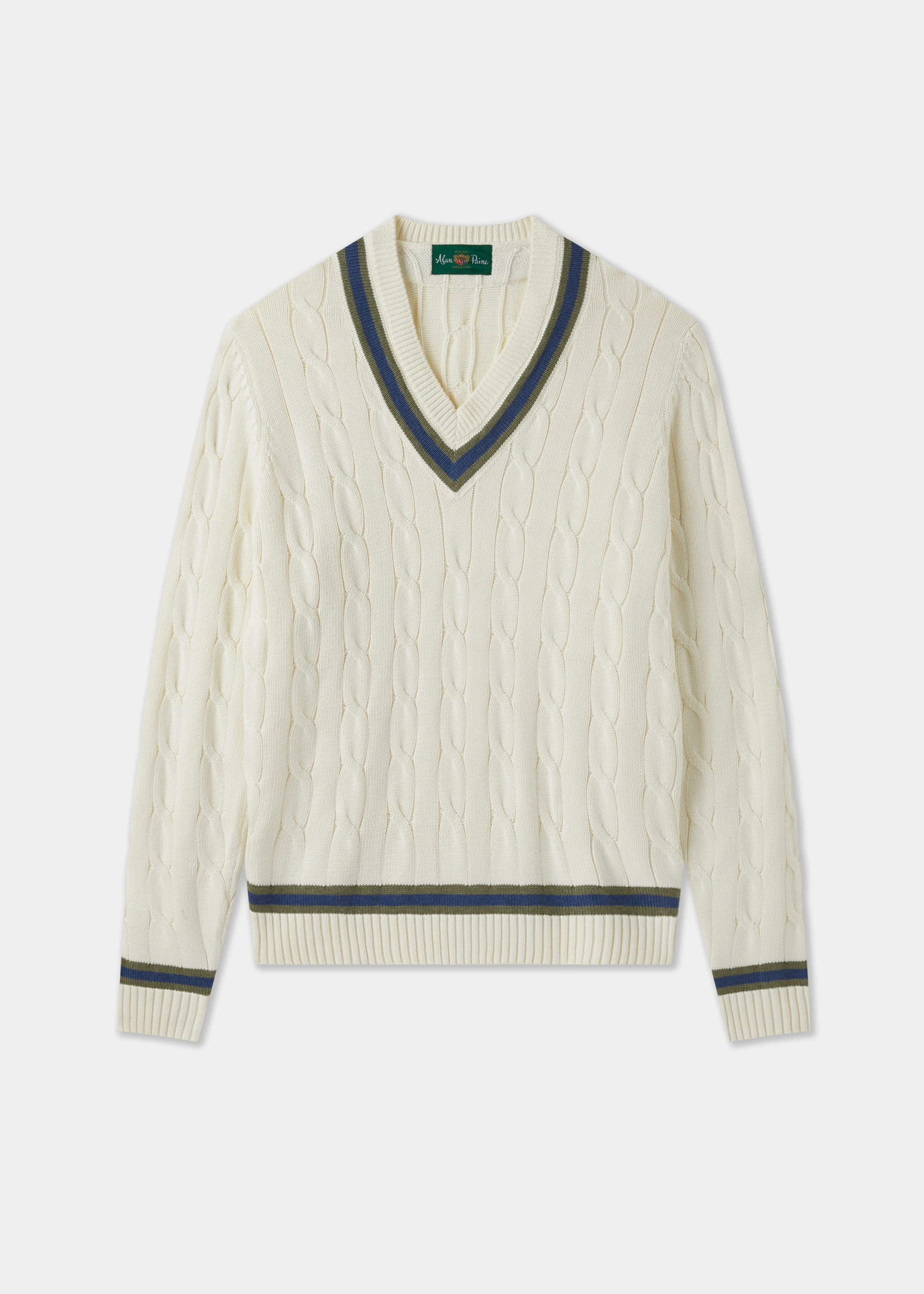 Sandridge Cable Knit Cricket Jumper In Ecru and Landscape sold by Alan Paine