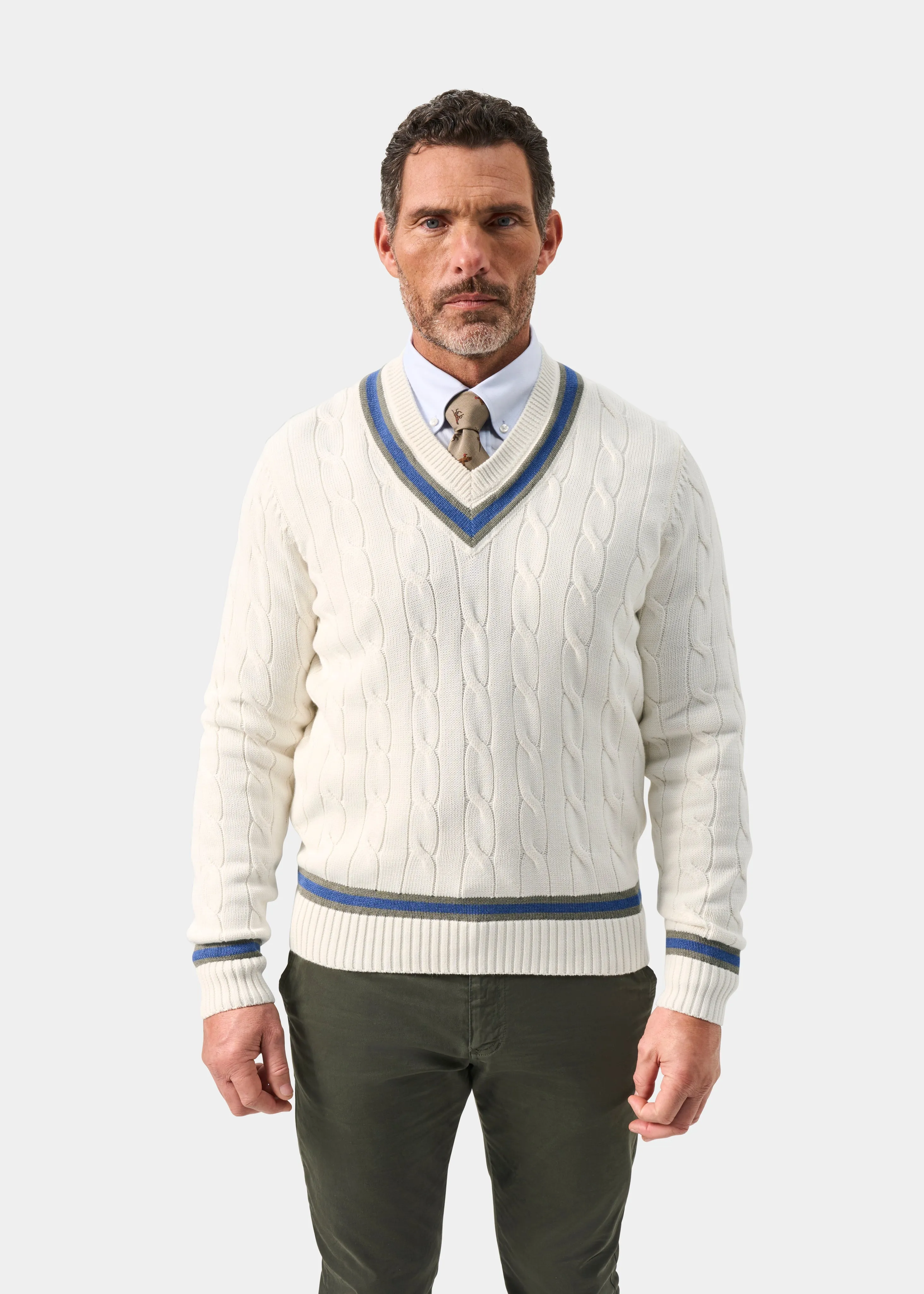 Sandridge Cable Knit Cricket Jumper In Ecru and Landscape sold by Alan Paine product image thumbnail 2
