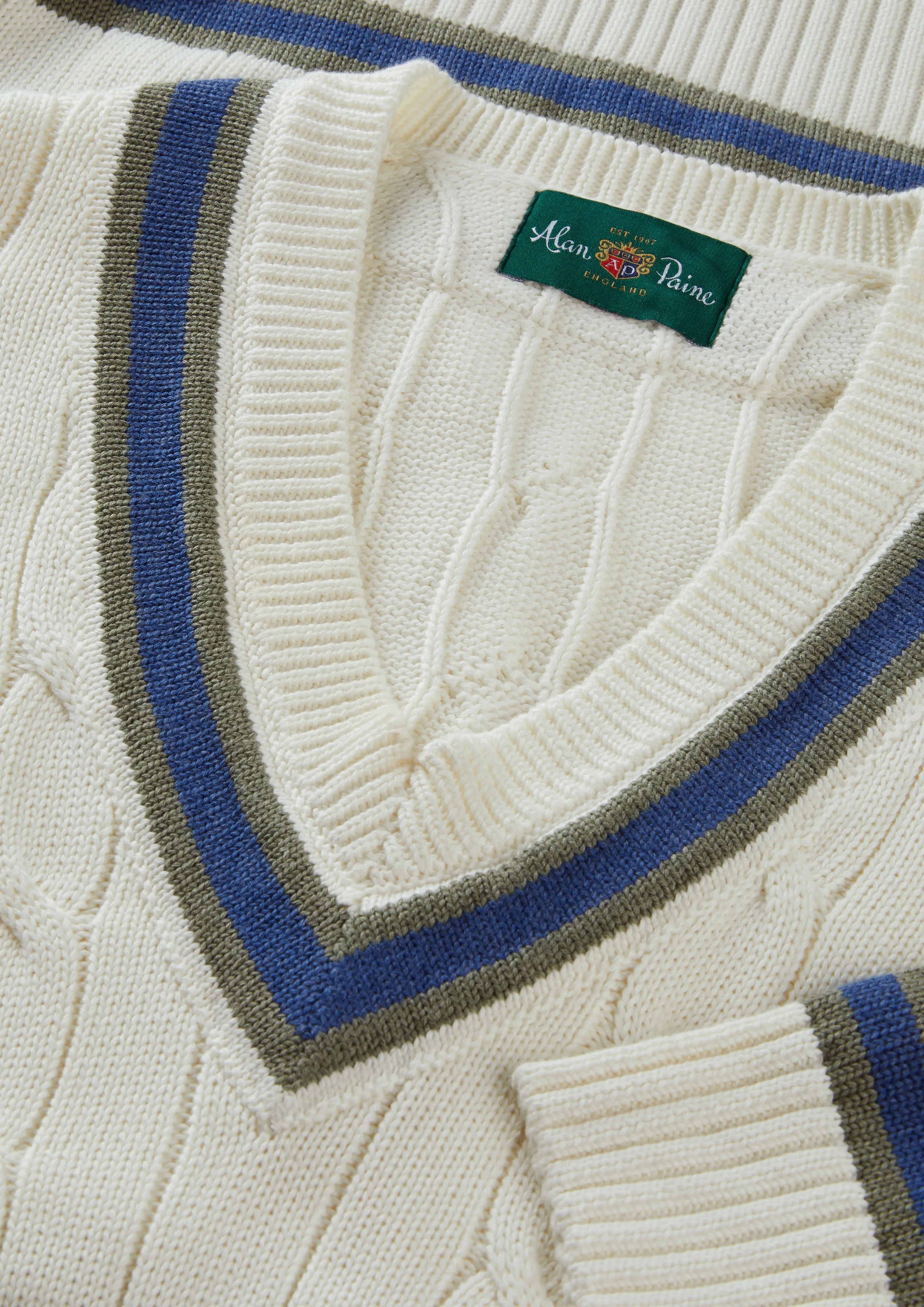 Sandridge Cable Knit Cricket Jumper In Ecru and Landscape sold by Alan Paine product image thumbnail 4