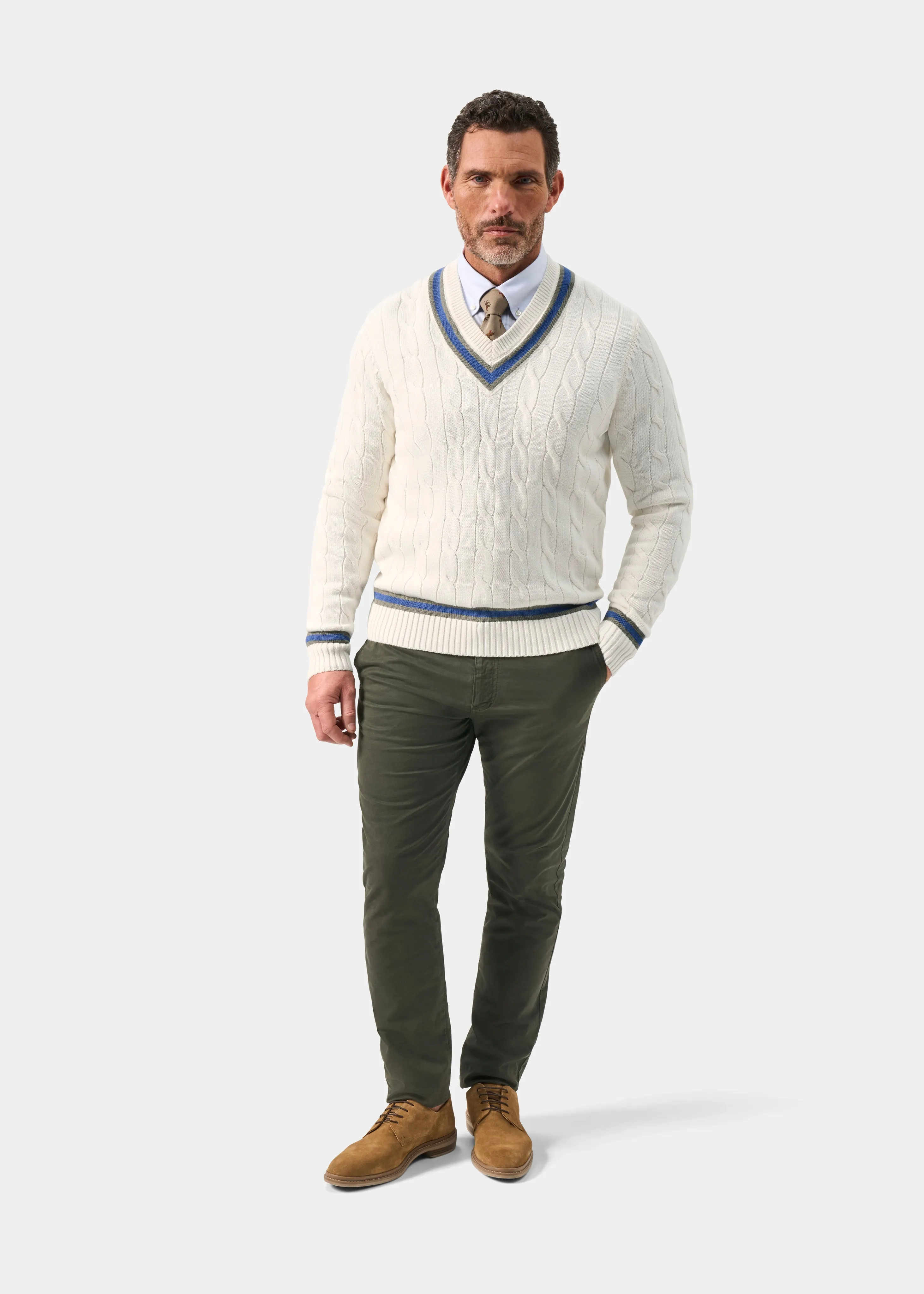Sandridge Cable Knit Cricket Jumper In Ecru and Landscape sold by Alan Paine product image thumbnail 3