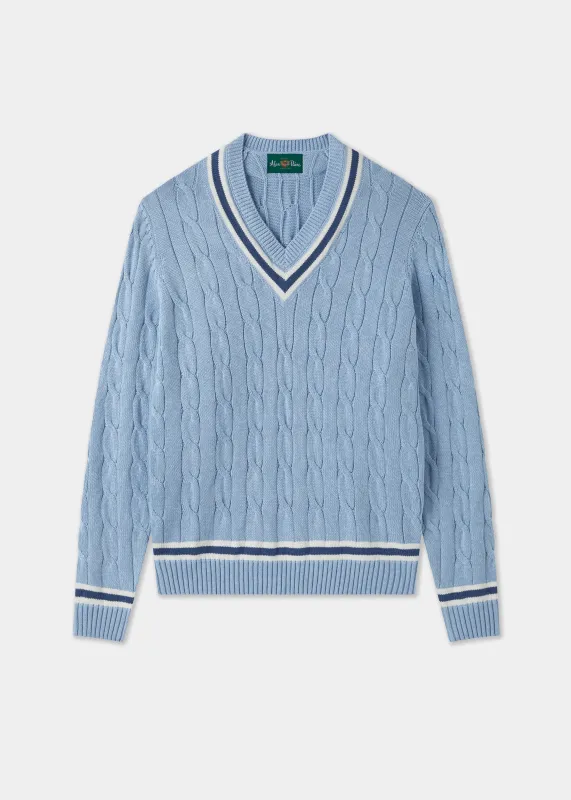 Sandridge Cable Knit Cricket Jumper In Steel Blue and Ecru sold by Alan Paine