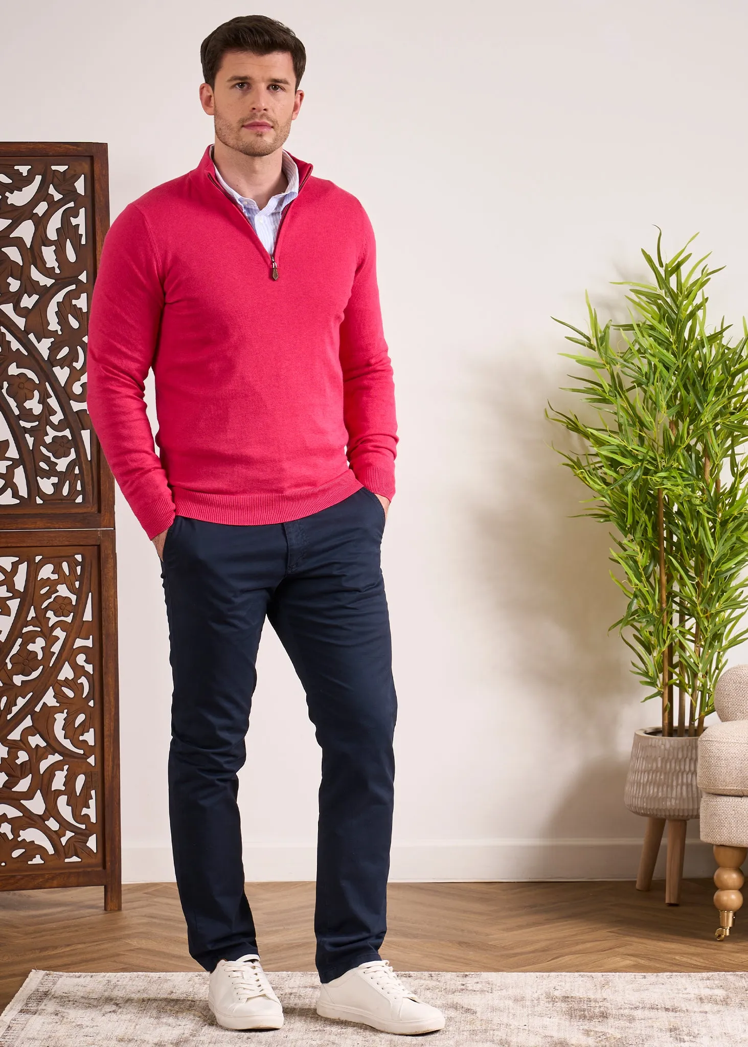 Selhurst Cotton Cashmere 1/4 Zip Jumper In Raspberry sold by Alan Paine product image thumbnail 5