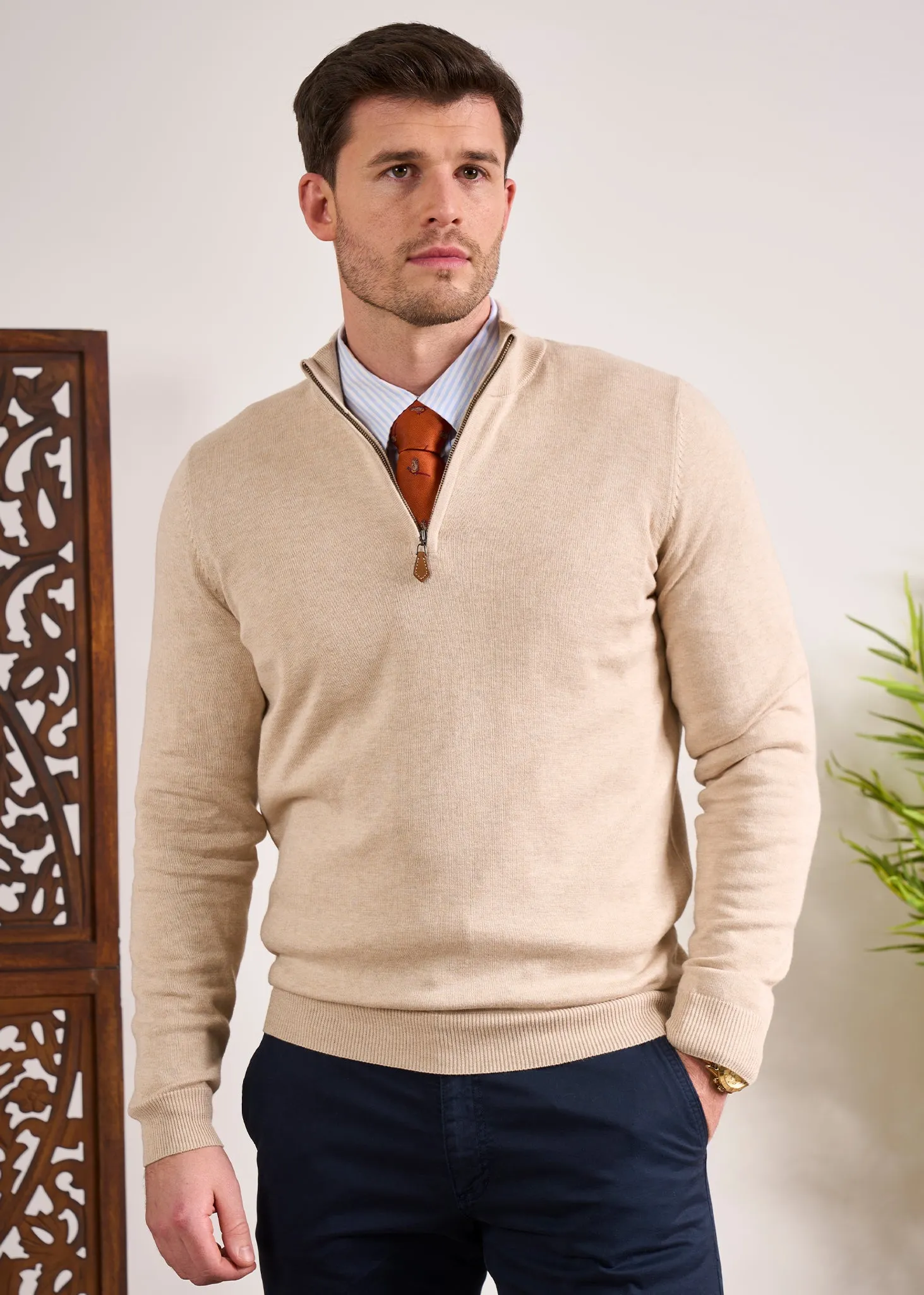 Selhurst Cotton Cashmere 1/4 Zip Jumper In Sand sold by Alan Paine product image thumbnail 2