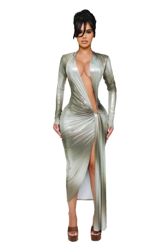 Lychee Deep Plunge Long Sleeve Dress - Mercury sold by CouCoo