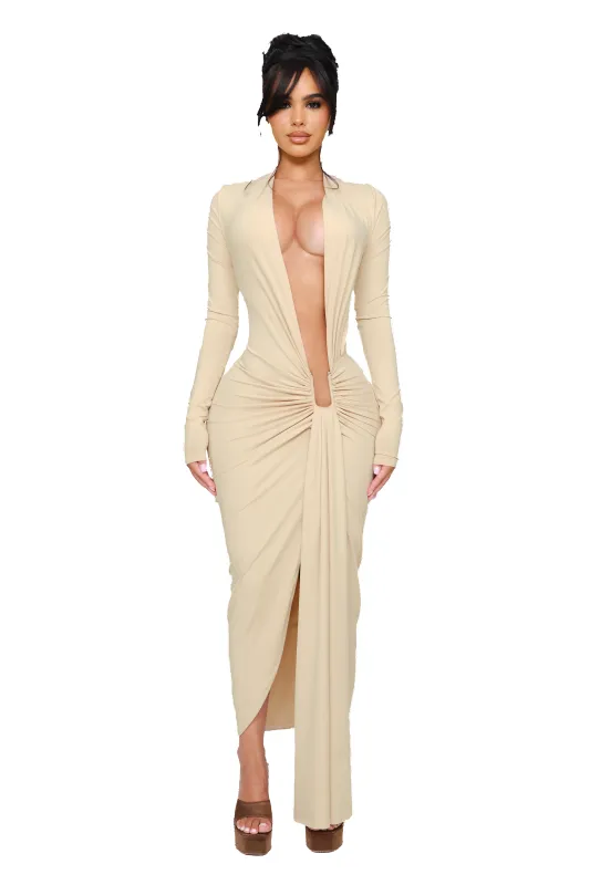 Noxra Deep Plunge Dress - Untouched Butter sold by CouCoo