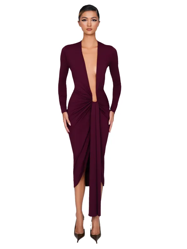 Noxra Deep Plunge Dress - Deep Berry sold by CouCoo