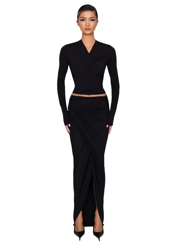 Loma Low Waist Draped Maxi Skirt - Black sold by CouCoo