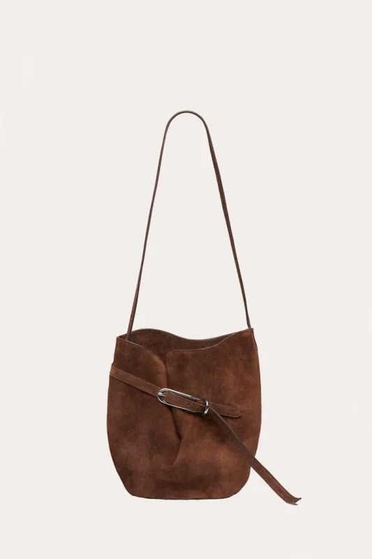 Belted Bucket Bag Dark Brown Suede sold by Little Liffner