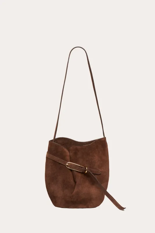 Belted Bucket Bag Dark Brown Suede Gold sold by Little Liffner