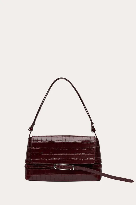 Belted Shoulder Bag Burgundy Croc made by Liffner