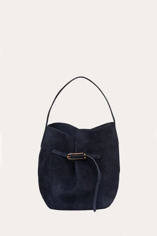 Belted Bucket Bag Large Navy Suede made by Liffner