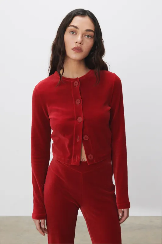 The Celeste Cardigan, Scarlet sold by Peachy Den