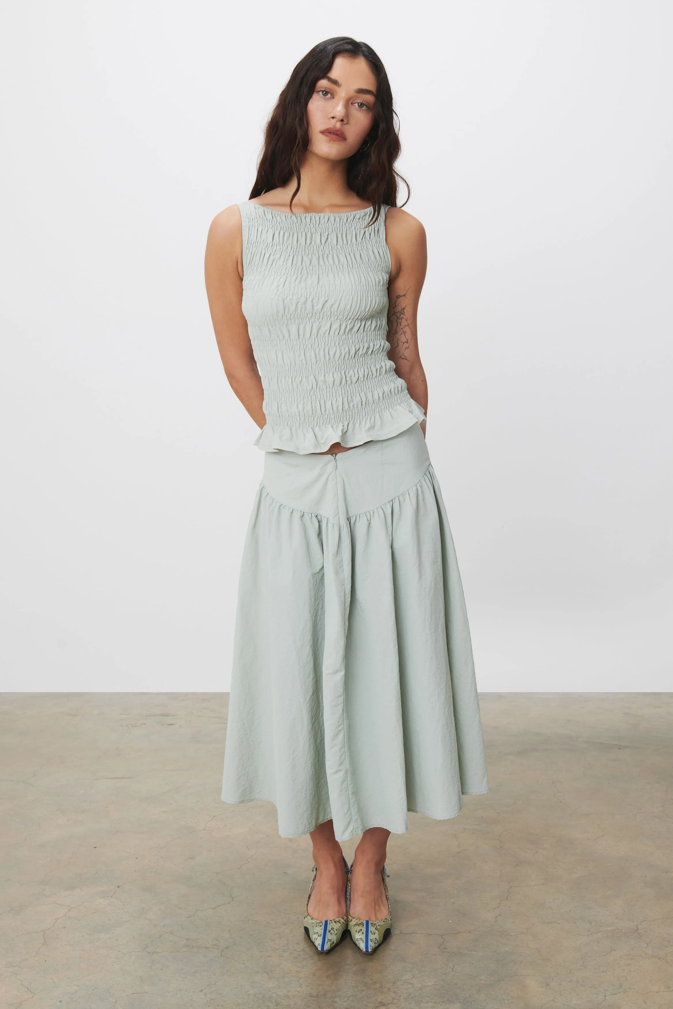 The Deba Midi Skirt, Oyster sold by Peachy Den