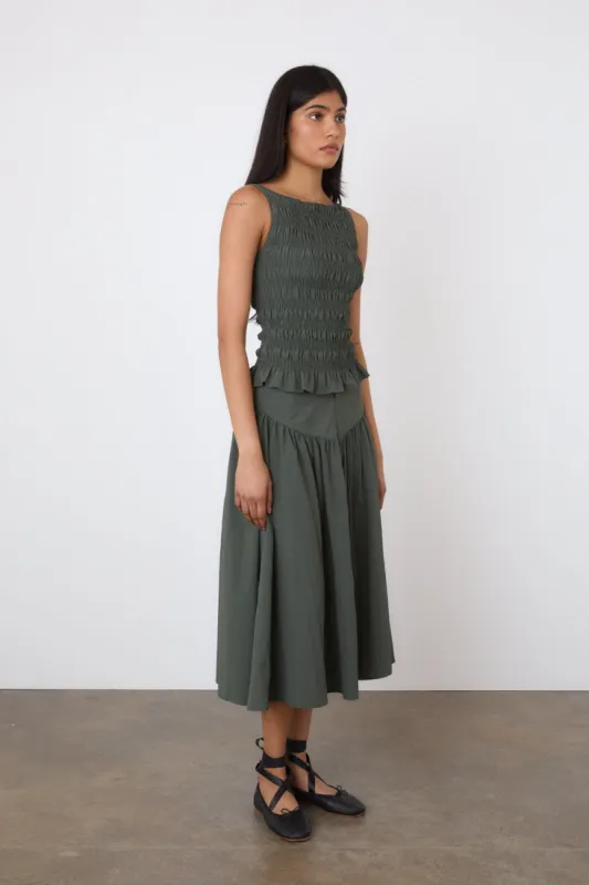 The Deba Midi Skirt, Slate Green sold by Peachy Den