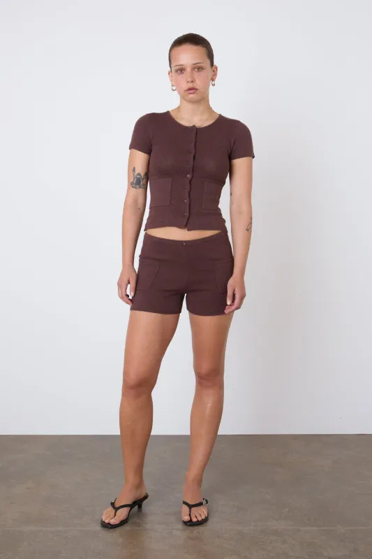 The Marie Knit Shorts, Chocolate sold by Peachy Den